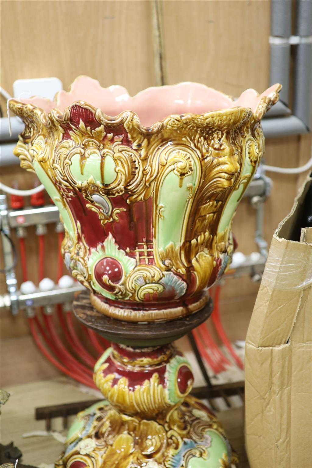A large Victorian porcelain majolica jardiniere on pedestal stand